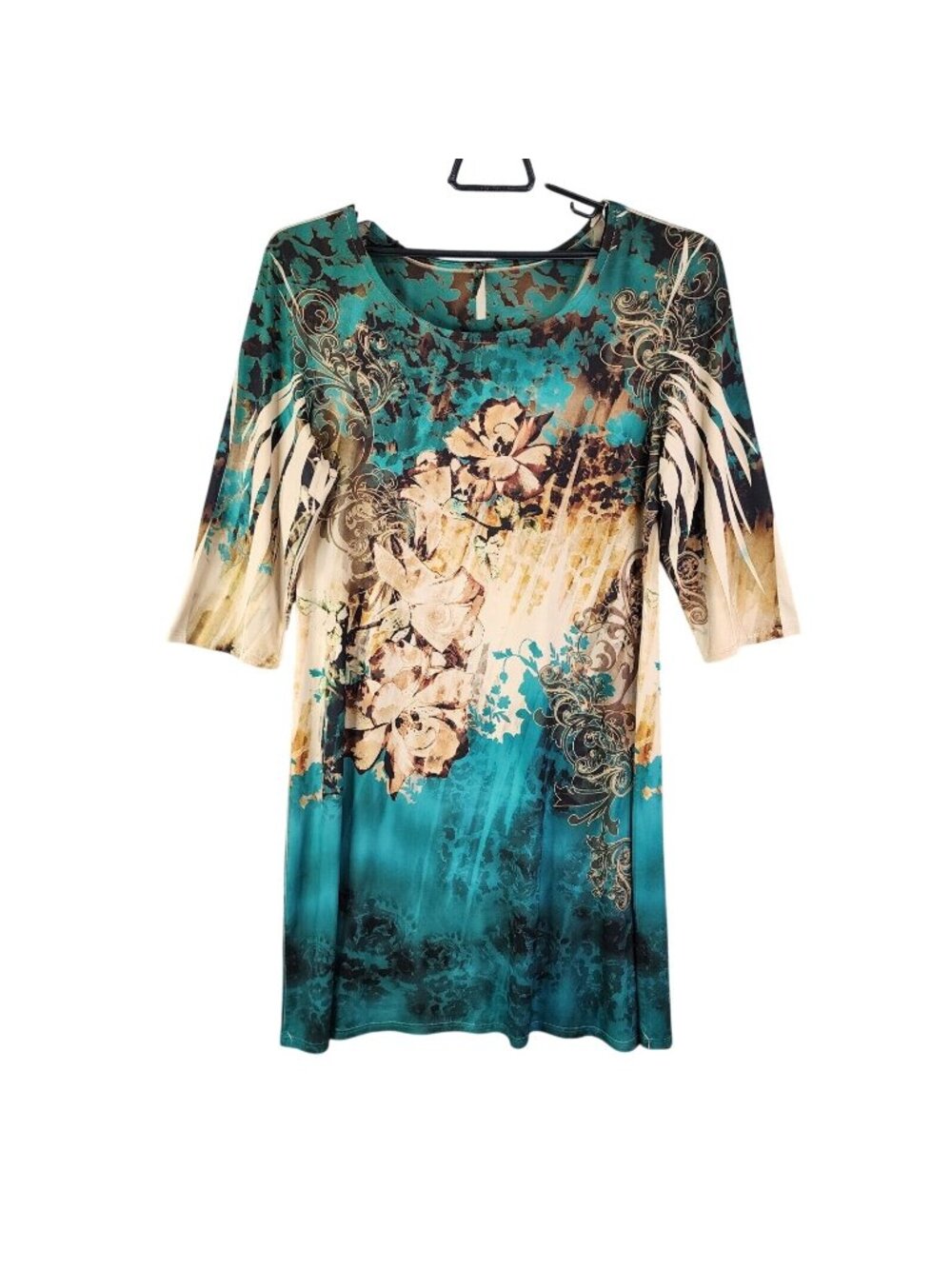Womens Fresh Of LA Teal & Beige Shirt Dress 3/4 Sleeve Polyester Stretch Size XL